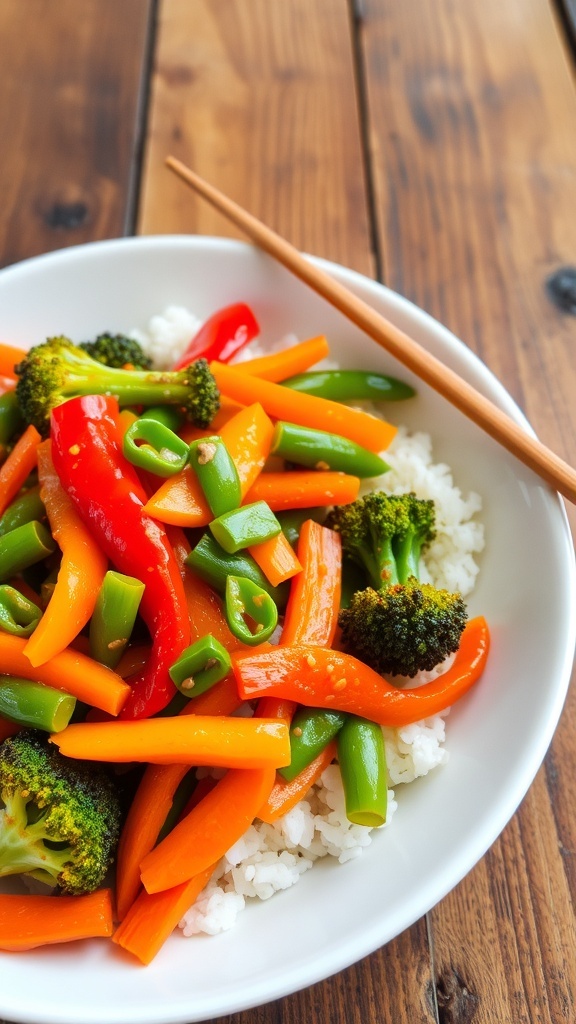 A colorful vegetable stir-fry with bell peppers, broccoli, snap peas, and carrots served over rice.